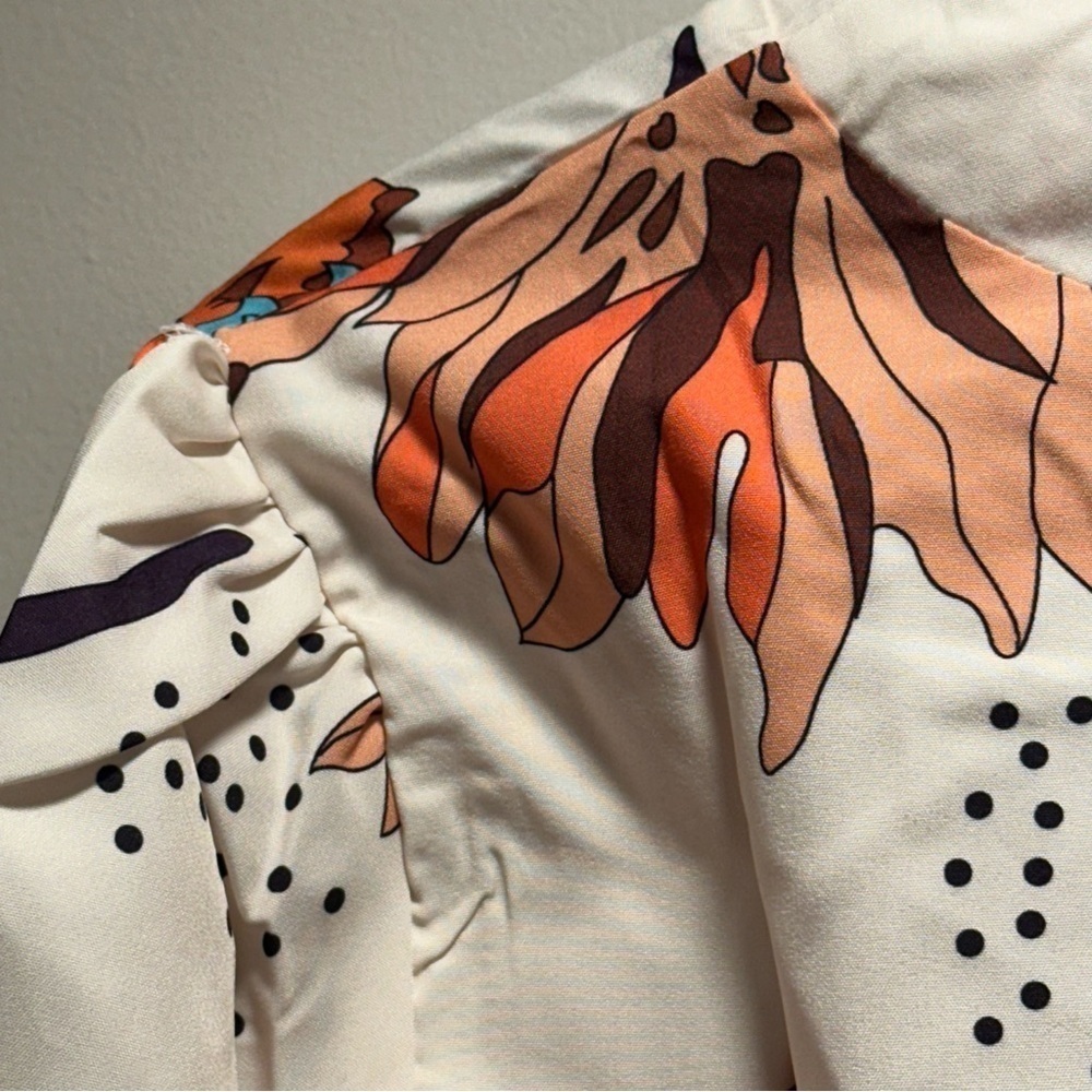 NEW Floral Print V-neck Blouse Fall Long Lantern Sleeve Loose Fit. Satin Like S - Picture 9 of 15